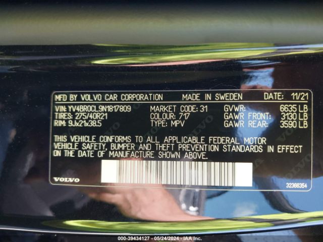 YV4BR0CL9N1817809 Volvo Xc90 Recharge Plug-in Hybrid T8 Inscription 7 Passenger