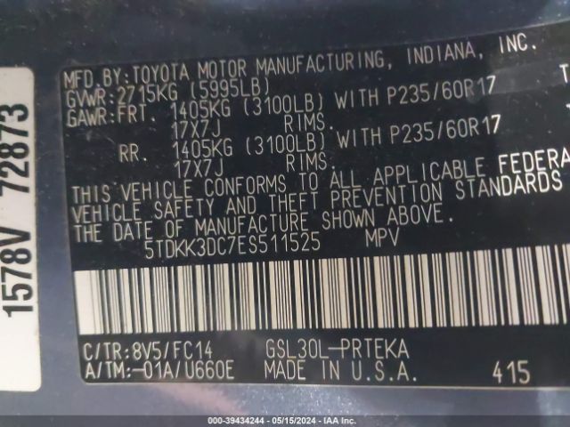 5TDKK3DC7ES511525 Toyota Sienna Le V6 8 Passenger