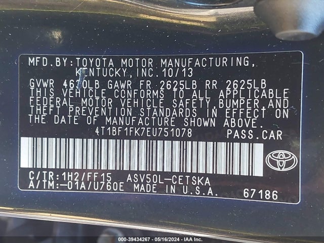 Toyota CAMRY SE 2014 4T1BF1FK7EU751078 Image 9