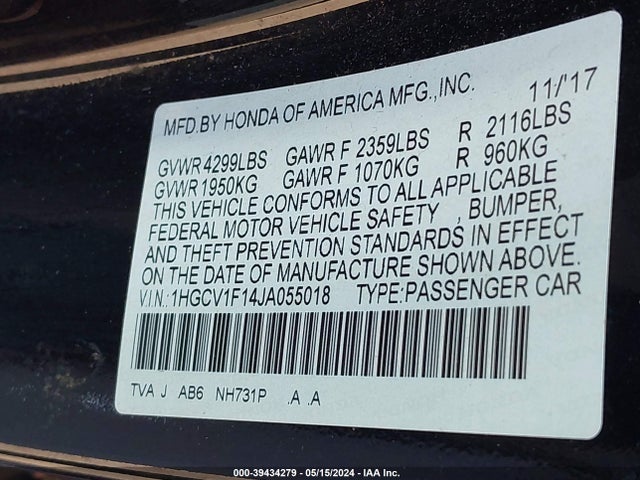 Honda ACCORD LX 2018 1HGCV1F14JA055018 Image 9