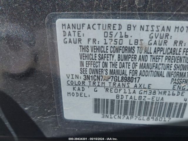 3N1CN7AP7GL898017 Nissan Versa 1.6 S/1.6 S+/1.6 Sl/1.6 Sv