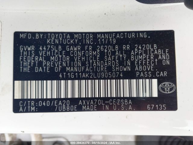 4T1G11AK2LU905074 Toyota CAMRY SE