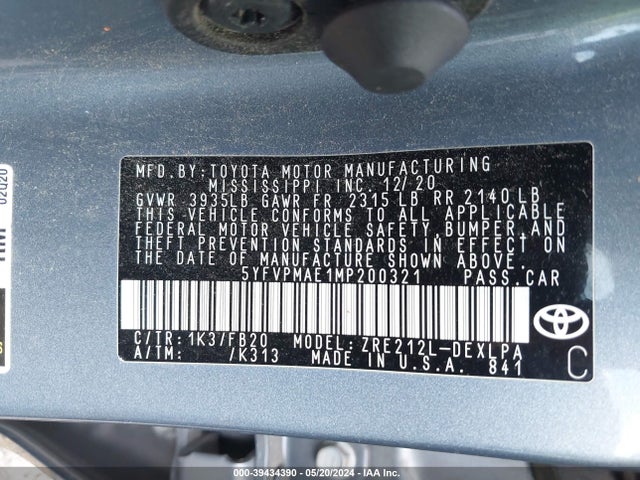 Toyota COROLLA LE 2021 5YFVPMAE1MP200321 Image 9