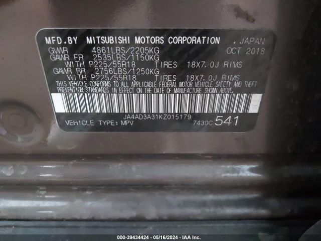 JA4AD3A31KZ015179 Mitsubishi Outlander Se