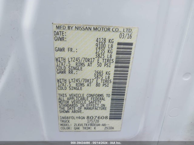 Nissan Nv Cargo Nv2500 Hd Sv V6 2016 1N6BF0LY4GN807608 Image 9