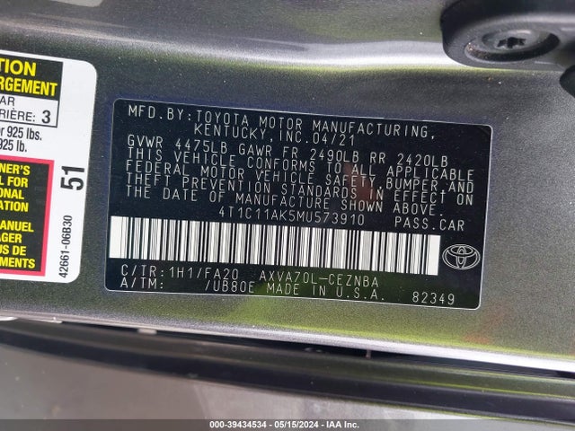 4T1C11AK5MU573910 Toyota CAMRY LE