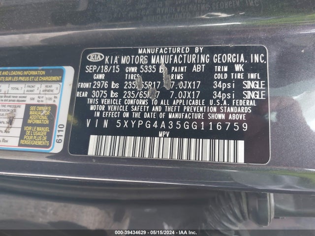 KIA Sorento 2.4l Lx 2016 5XYPG4A35GG116759 Image 9