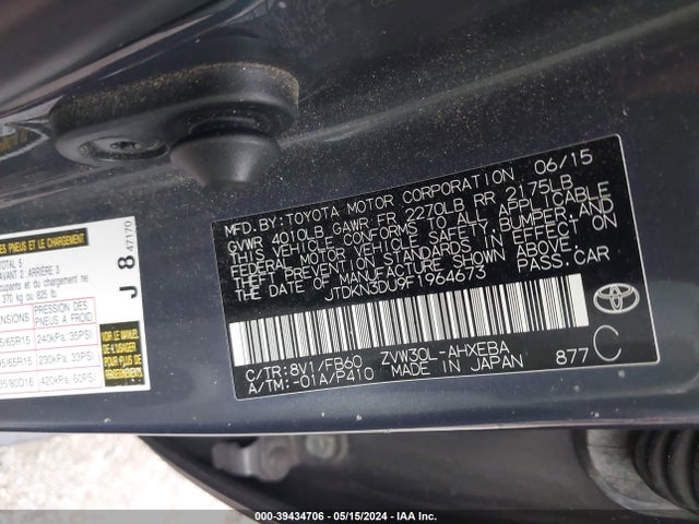 Toyota Prius Two 2015 JTDKN3DU9F1964673 Image 9
