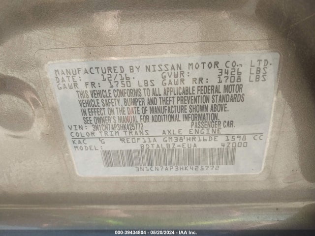 Nissan Versa 1.6 Sv 2017 3N1CN7AP3HK425772 Image 9