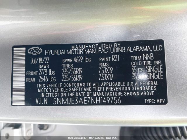 5NMJE3AE7NH149756 Hyundai Tucson Limited