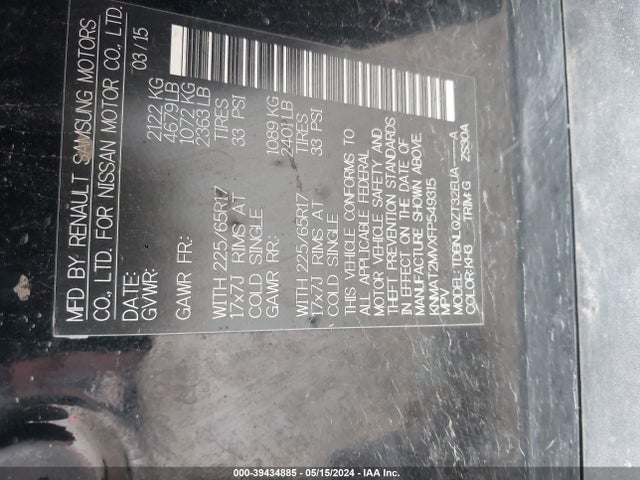 Nissan ROGUE SV 2015 KNMAT2MVXFP549315 Image 9