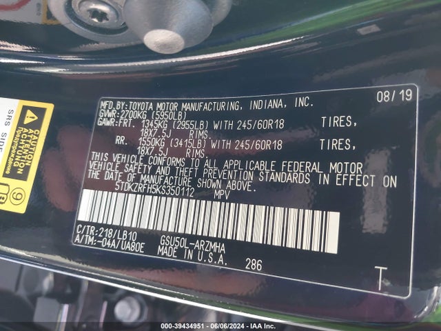 Toyota Highlander Xle 2019 5TDKZRFH5KS350112 Image 9