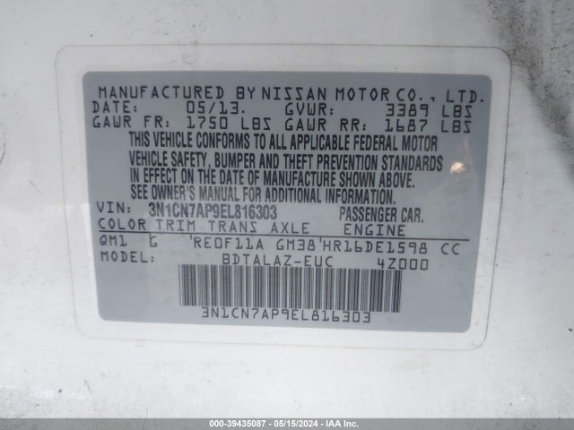 Nissan Versa 1.6 S+ 2014 3N1CN7AP9EL816303 Image 9