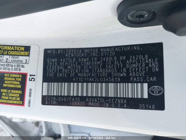 Toyota CAMRY LE 2020 4T1C11AK2LU345619 Image 9