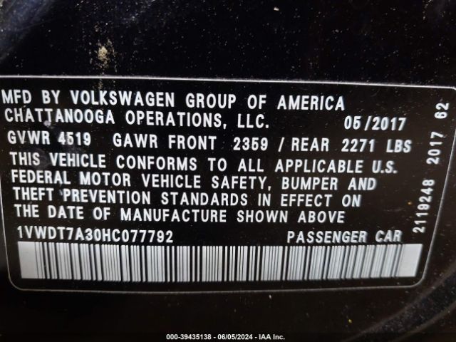1VWDT7A30HC077792 Volkswagen Passat 1.8t R-line