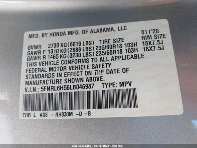 5FNRL6H56LB046987 Honda ODYSSEY EX