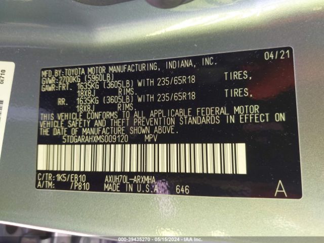 5TDGARAHXMS009120 Toyota Highlander Hybrid Xle