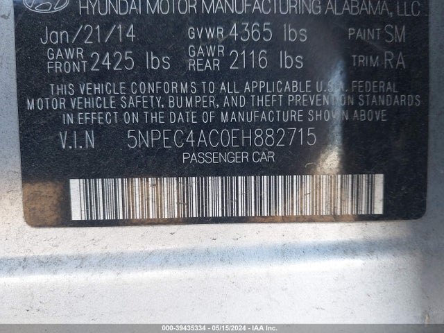 Hyundai Sonata Limited 2014 5NPEC4AC0EH882715 Image 9