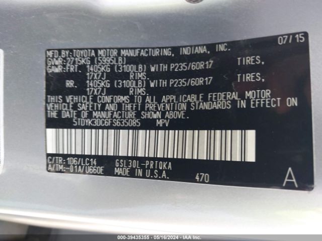 5TDYK3DC6FS635085 Toyota Sienna Xle 8 Passenger