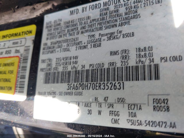 Ford FUSION SE 2014 3FA6P0H70ER352631 Image 9