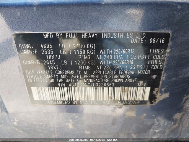 Subaru Outback 2.5i Limited 2017 4S4BSANC7H3230863 Image 9