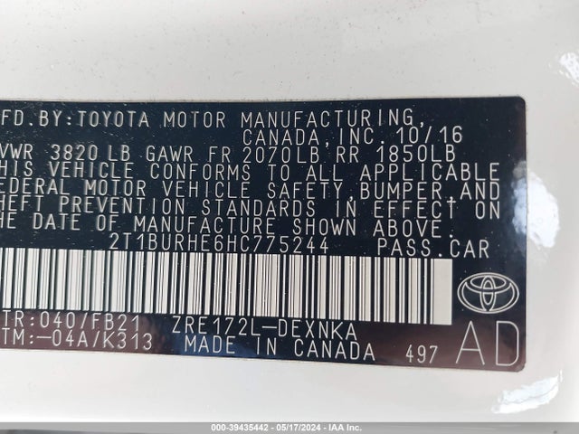 Toyota COROLLA LE 2017 2T1BURHE6HC775244 Image 9