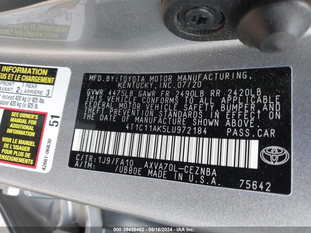 Toyota CAMRY LE 2020 4T1C11AK5LU972184 Image 9