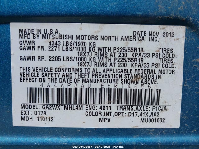 4A4AP3AU1EE014656 Mitsubishi Outlander Sport Es