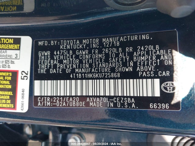 Toyota CAMRY SE 2019 4T1B11HK6KU725868 Image 9