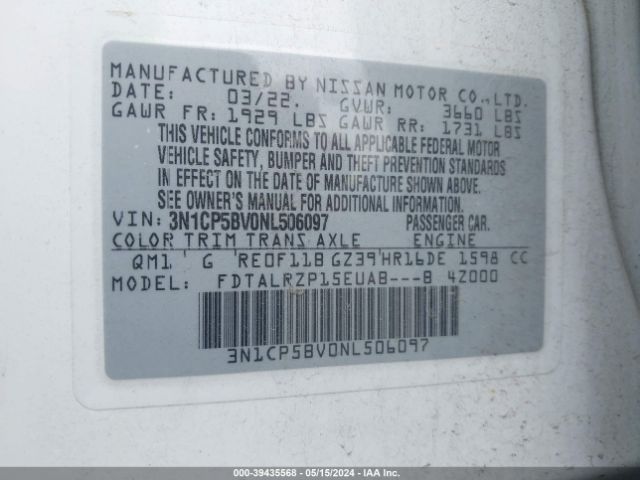 3N1CP5BV0NL506097 Nissan Kicks S Xtronic Cvt