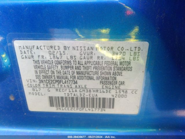 3N1CE2CP0FL417734 Nissan Versa Note S (sr)/s Plus/sl/sr/sv