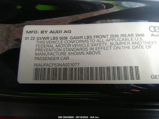 WAUFACF53NA021077 Audi A5 Sportback Premium Plus 45 Tfsi S Line Quattro S Tronic