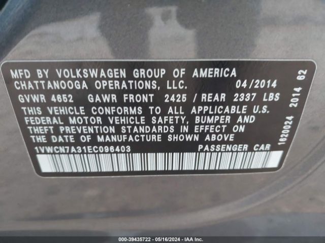 1VWCN7A31EC096403 Volkswagen Passat 2.0l Tdi Sel Premium