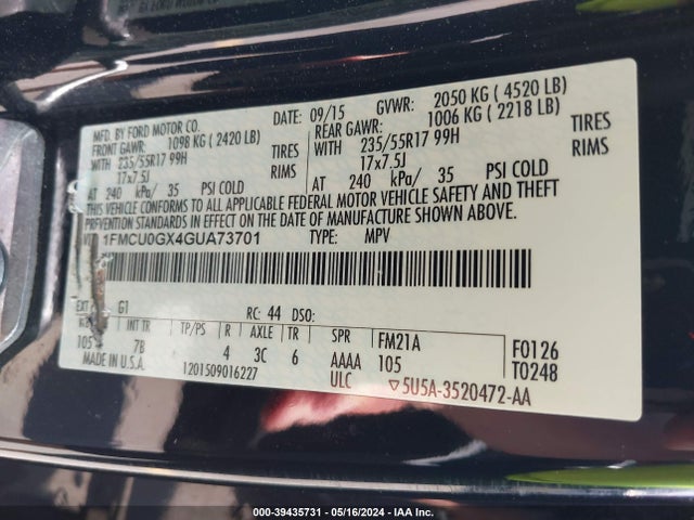 Ford ESCAPE SE 2016 1FMCU0GX4GUA73701 Image 9