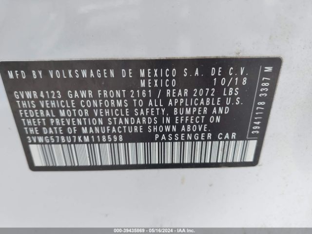3VWG57BU7KM118598 Volkswagen Jetta 1.4t Sel Premium