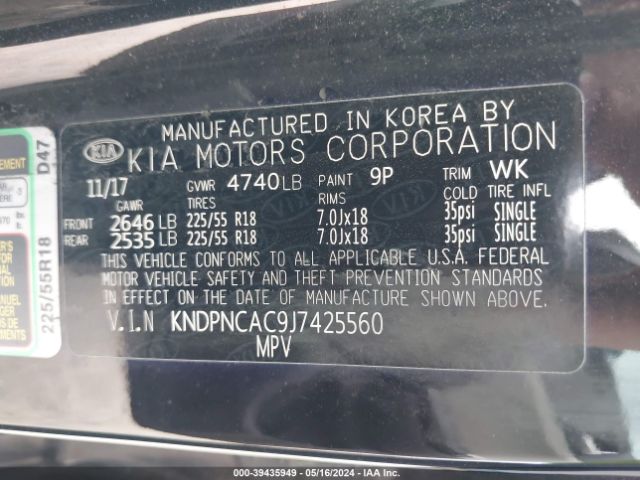 KNDPNCAC9J7425560 KIA Sportage Ex