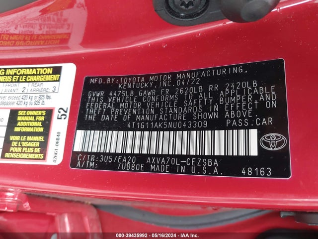Toyota CAMRY SE 2022 4T1G11AK5NU043309 Image 9