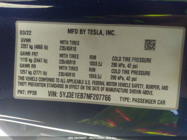 Tesla Model 3 Long Range Dual Motor All-wheel Drive 2022 5YJ3E1EB7NF207766 Image 9