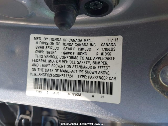 Honda Civic Lx 2016 2HGFC2F5XGH511724 Image 9