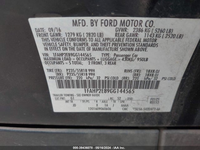 Ford TAURUS SEL 2016 1FAHP2E89GG144565 Image 9