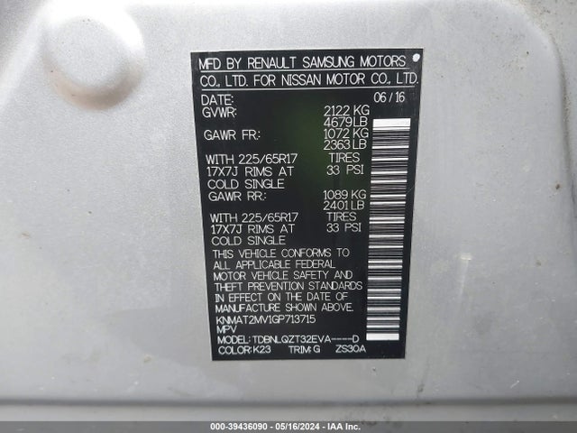 Nissan ROGUE SV 2016 KNMAT2MV1GP713715 Image 9