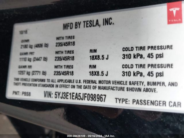 5YJ3E1EA5JF098967 Tesla Model 3 Long Range/mid Range