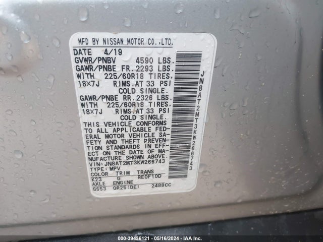 Nissan ROGUE SV 2019 JN8AT2MT3KW266743 Image 9
