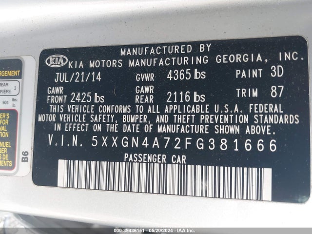 KIA OPTIMA EX 2015 5XXGN4A72FG381666 Image 9