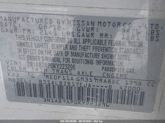 Nissan SENTRA S 2019 3N1AB7AP0KY223296 Image 9