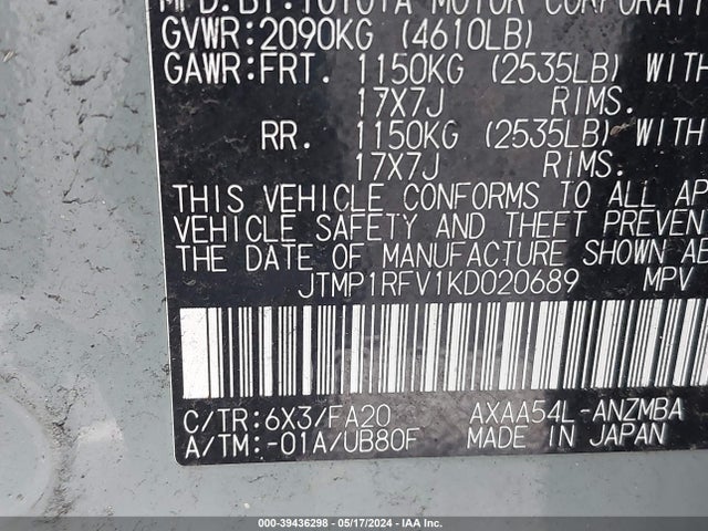 Toyota Rav4 Xle 2019 JTMP1RFV1KD020689 Image 9
