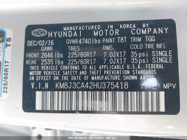 Hyundai TUCSON SE 2017 KM8J3CA42HU375418 Image 9