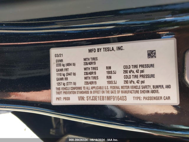 Tesla Model 3 Long Range Dual Motor All-wheel Drive 2021 5YJ3E1EB1MF916403 Image 9
