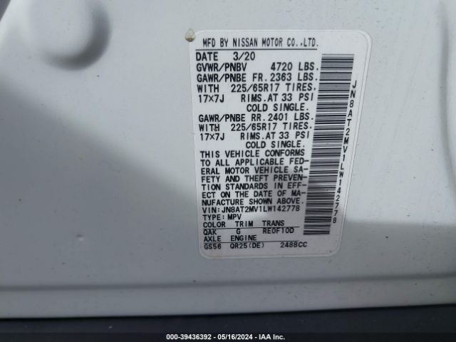 JN8AT2MV1LW142778 Nissan Rogue Sv Intelligent Awd