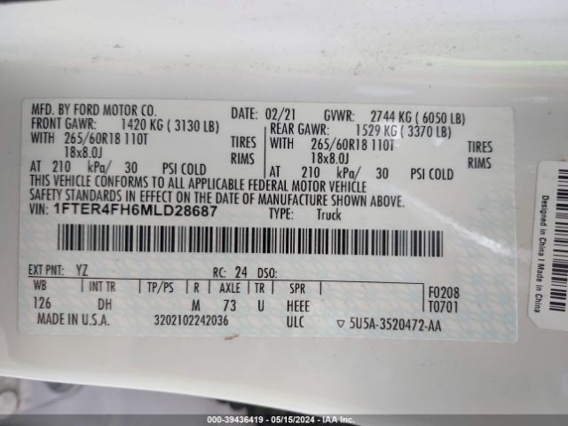 1FTER4FH6MLD28687 Ford Ranger Lariat